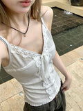 Korean Babes V-Neck Lace Splicing Tie Sling Vest Women's Summer Design Sense Slime Body Top