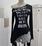 Real Shooting Guangzhou Women's Hottie Irregular Ribbon Shoulder-Swear Long-Sleeved T-Shirt Top 8105