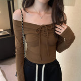 The Spice Girls Short-Word Shoulder Bow Tie With Slimny Long-Sleeved T-Shirt Design Sense Niche Blouse