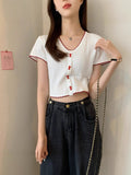 Summer New Korean Button Design Short-Sleeved Set Thin Knit T-Shirt Girl Skinny Umbilled Short Top
