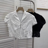 Real Shooting Short-Scuffed Lace Fish Bone Shirt For Girls Summer Babes Short-Sleeved Collared V-Neck Blouse 23715