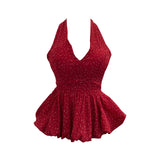 Real Shooting Wave Point Hanging Neck Sling Vest Bare Back Bow Skirt Swollen Belly Thin Sleeveless Top 9260
