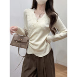 2025 Autumn And Winter Korean Version Pure Desire Gentle Nails Heavy Industry Lace V Collar Andy Velvet Knitted Bottom Shirt Top