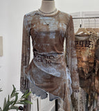 Real Shooting Babes Long Sleeves And Jersey Net Yarn Dye Printing Irregular Lotus Leaf Edge Ribbon Folding Top 9998