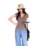 Super-Good-Looking Cotton Pocket Button V-Neck Short-Sleeved T-Shirt For Women's Summer 2026 New Popular Explosive Tops This Year