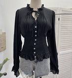Real Shooting Retro Texture V Tie With Bubble Long Sleeves To Close Waist Folded Shirt Single Buckle Repair Body 23775