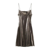 Spring 2025 New Fashion Temperament Low-Collar Bare Back Metallic Sling Dress Woman