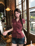 Korean Vintage Hottie Plaid Short-Sleeved Shirt Women's Summer Senior Slimming Waist Straight Shoulder Pocket Top