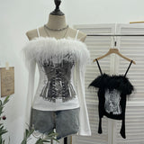 Two-Word Shoulder Hair Spliced Sling With Long-Sleeved Grinding T-Shirt T-Shirt Print Hollow Top 1367