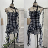 Real Lattice Splicing Lace Ribbon Ribbon Swing Tie Sling Sling Vest Irregular Lotus Leaf Side Hottie Top 8078