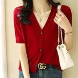 2026 Summer New Temperament Short-Sleeved Knitted Cardigan V-Neck Thin Bottom Thin Top Woman