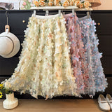 French Romantic Style Three-Dimensional Flower Mesh Splicing Half-Dress Woman Autumn High-Waist A Word Loose Big Swing Skirt