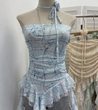 Real Shot With Hanging Neck Flower Braid Vest Dye Mesh Irregular Lace Ribbon Sleeveless Top 1596