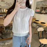 2026 Summer New Hollow Knitted Short-Sleeved T-Shirt Women's Unique Super Beautiful Body-Scuffed Ice Silk Top
