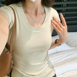 2026 Early Spring Basic U-Neck Shoulder Short-Sleeved T-Shirt Women's Summer Elastic Bottom Shirt Slim Slim Simple Top
