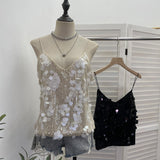 Real Shooting Heavy Industry Bling Bright Flash Beads Low V Collar Sexy Sling Vest Night Shop Babes Sleeveless Top 9153