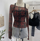 Real Shooting Spice Girls Spring Body Velvet Lattice Print Mesh Two Sets Of Long-Sleeved Tops Short Slings 2827
