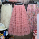 Net Yarn Lotus Leaf Side Temperament Skirt Women's Dress 2025 Spring And Autumn New Famous Woman Long Dress Thin Cake Skirt 2210