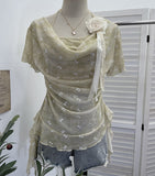 Hanging Neck Tie Fake Two Short-Sleeved T-Shirt Three-Dimensional Flower Folding Irregular Lotus Leaf Side Top Lady 1203