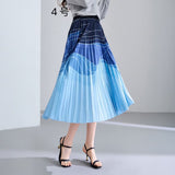 2025 New High-Rise Half-Dress Woman Tight Waist Ink Print Design Sense A-Character Skirt In The Long Folded Skirt