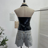 Real Shoot Babes Hanging Neck Deep V Sexy With Chest Pad Pu Sling Sling Zip Open Shirt Woman 8130