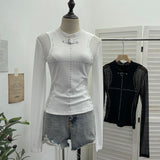 Black Hot Diamond Mesh Spliced Long-Sleeved Top Female Feeling Hot Girl Perspective Body Bottoming Shirt T-Shirt 8951