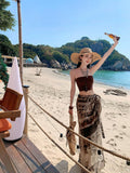 Island Lazy Holiday Suit Female Hottie Short Breast Vest Irregular Print Half-Body Dress Two-Set