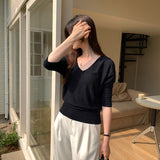 Korean Chic Shoulder-To-Shoulder Cotton V-Neck Sleeve Sunscreen T-Shirt Girl 2025 New Loose Thin Outerwear