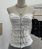 Gothic Style Splicing Pu Leather Buckle Zipper Open Shirt Braid Repair Vest Sleeveless Top Lady 1199