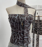 Real-Patting Mesh Leopard Print Sexy One-Word Shoulder Hanging Neck With Chest Vest With Chest Pad Short Top 15971