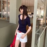 Lyselle Tiansi Giant Good-Looking Slim U-Necked Middle-Sleeved T-Shirt Girl 2025 Summer Thin Luxury High-End Feeling Small Blouse