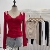 Real Shooting Spice Girls Fake Two Lace Slings Splicing Side Single Buckle Casing Long Sleeve Bottom Shirt 2828