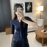 2026 Early Spring Shopping Mall V-Neck Short-Sleeved Knitted Shirt Women's Spring And Summer Temperament Autumn Harvest Waist Thin Short-Sized Belt
