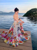 Tea Break French Pure Lust Colorful Broken Flower Sling Ribbon Flowing High-Rise Vacation Dress Bohemia Seaside Dress