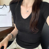 Mint Green Knitted Top Women's Summer 2025 New Thin U-Neck Fashion Fashion Slim Slim Slim Short-Sleeved T-Shirt