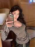 Spice Girls Clam Striped Stile V-Neck Long Sleeve T-Shirt 2025 New Slimming T-Shirt Spice Girl T-Shirt