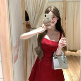 French Hepburn Style Square Tie Dress Women's Summer New Temperament Simple High-End Feeling Waist Thin Skirt