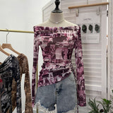 Vintage Graffiti-Printed Shoulder-Threin Mesh Long-Sleeved Blouse Side Drawstring Tethered With Slime T-Shirt 8959