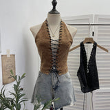 Real Shooting Cowboy Hollow Wearing Rope Strap Hanging Neck Sling Vest Hottie Sexy Bare Back Short Sleeveless Top 827