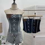 Vintage Sexy Water Wash Denim Pocket Spliced Lace Bra Design Without Strap Vest 2753