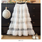 New Heavy Industry Lace Cake Skirt Long Dress Sweet Wind High Waist Wood Ear Mesh Skirt 8103
