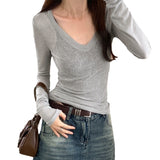 V-Neck Long-Sleeved Knitted Shirt Woman 2025 Early Autumn New Design Sense Slimming Slimming Bottom Top