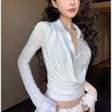 Design-Sensitive Solid Color 2025 Temperamental Holiday Two Long-Sleeved T-Shirt Women's Autumn Slimming Top