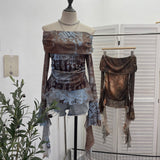 Real Shot Shoulder Strap Tie Dyed Net Shawl Shirt T-Shirt T-Shirt T-Shirt Design Folded Long-Sleeved T-Shirt 8003