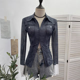 À±tie Denim Yarn Print Long Sleeve Open Shirt Hook Buckle Short Repair Body Dress 1293