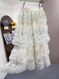 Heavy Industry Splicing Printing Net Yarn Cake Skirt Half-Dress Woman New Thin Skirt Dress Half Skirt Skirt Four Seasons