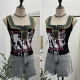 Real Shooting Hottie Hairy Denim Spliced Printed Vest With Bows Short Sleeveless Top 8926