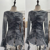 Real Shooting Hot Girl Horn Sleeve Net Yarn Bottom Shirt Girl Body Waste Wind Irregular Ribbon Long-Sleeved Top 2708