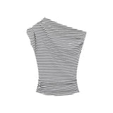 Small Design With A Slanted Shoulder Short-Sleeved T-Shirt Hottie Slimming Alone Special To The Side-Striped Top Summer