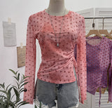 Net Yarn Sunscreen T-Shirt T-Shirt Print Waist Drawstring Tethered Slim Long-Sleeved T-Shirt Top 2732
